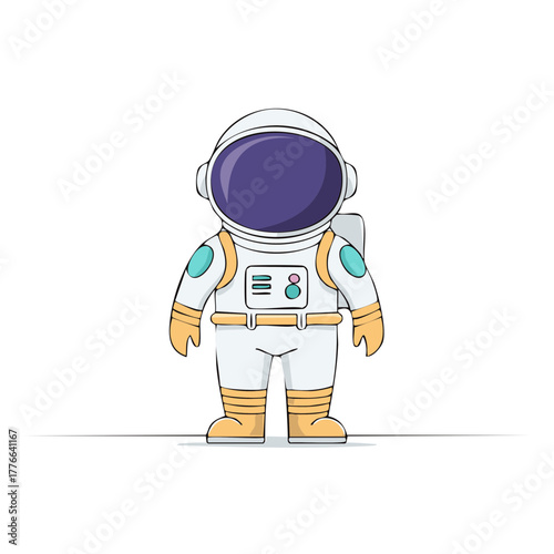 Stylized cartoon astronaut standing in white space suit with purple helmet visor illustration
