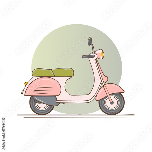 Chic pink retro scooter illustration with green seat and timeless style