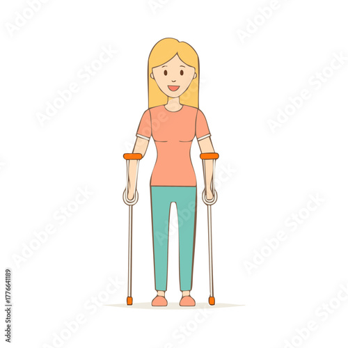 Smiling woman standing with crutches recovering from injury or illness