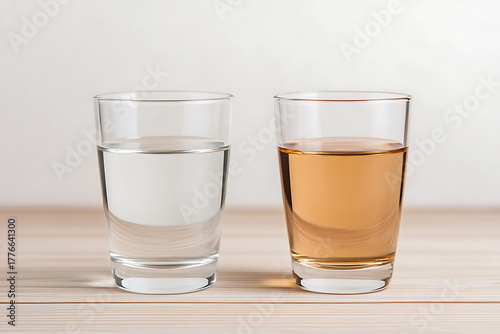 Wallpaper Mural Two glasses filled with liquids stand side-by-side on a wooden table. The glass on the left contains clear water, while the glass on the right holds an amber-colored liquid. Torontodigital.ca