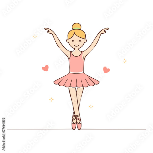 Cute cartoon ballerina dancing gracefully in pink tutu and pointe shoes illustration