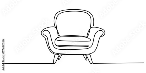 Continuous single line drawing of a comfortable modern upholstered armchair or couch with elegant curved back and arms, minimalist furniture vector illustration art, room decor concept.