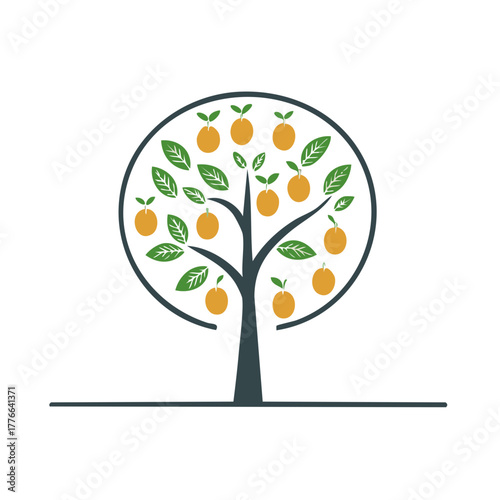 Minimalist Fruit Tree Illustration with Oranges and Leaves in Circular Design