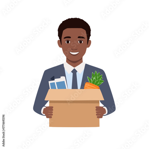 Happy African American man holding box with office supplies and plant vector