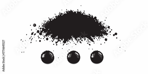 Abstract black ink splash and droplets on a white background with three glossy spheres below