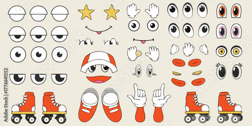 Collection of cartoon character parts including eyes mouths hands shoes and roller skates for animation and design