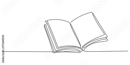 Continuous one line drawing of an open book with blank pages, representing education, learning, knowledge, reading, study, literature, and a journey of discovery.