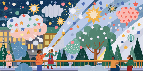 Whimsical winter scene with diverse people enjoying a starry night and festive decorations