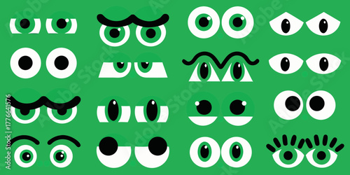 A collection of diverse cartoon eyes with green irises and black pupils on a green background