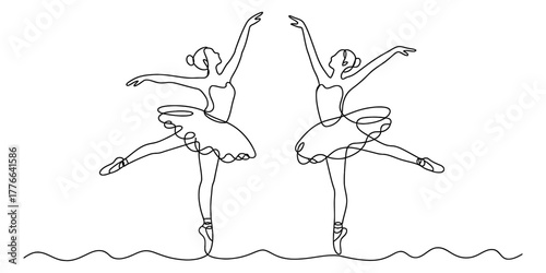 Continuous one line drawing of two elegant ballet dancers performing a graceful pose with arms raised in minimalist style on pointe with tutu. modern abstract dance art.
