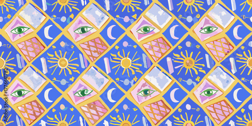 Whimsical celestial pattern with suns moons and eyes on blue background