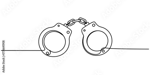 Continuous line drawing of metallic handcuffs representing law enforcement, justice, crime, arrest, security, and detention on an isolated white background