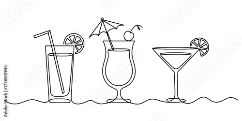 One continuous line drawing of three cocktails: a highball with straw, a hurricane with umbrella, and a martini with lemon. vector for bar, party, and summer drinks.