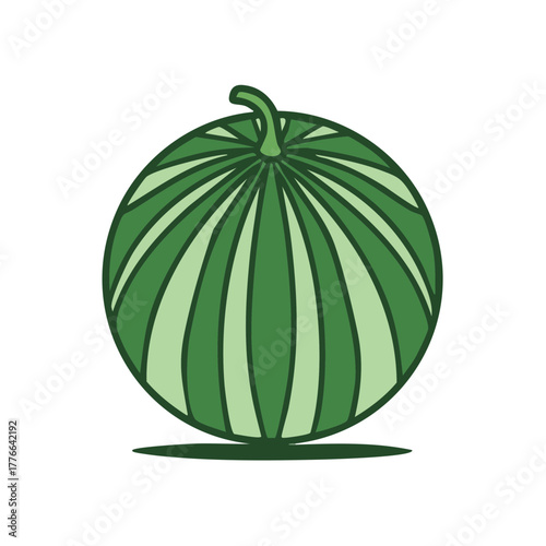 Stylized single watermelon, vibrant green striped rind, food drawing, healthy refreshment, round melon, fresh produce icon, organic farm product