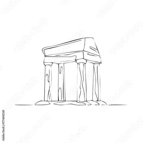 Monochrome Sketch of Ancient Stone Ruins with Columns Simple Line Art