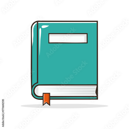 Teal hardcover book with a bookmark vector illustration. School textbook or library novel icon.
