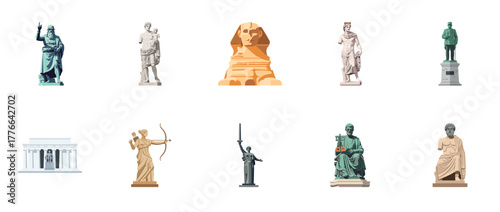 Iconic historical statues and monuments: sphinx, liberty, lincoln, athena, zeus