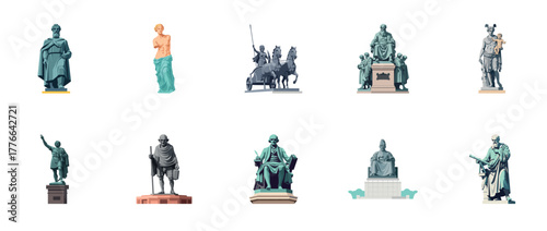 Collection of iconic historical statues on white background