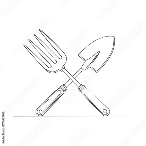 Hand Drawn Sketch of Crossed Gardening Fork and Trowel