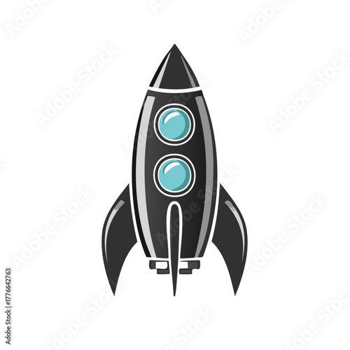 Stylized black rocket ship icon with teal portholes representing space travel and innovation