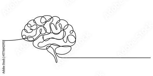 Continuous line art drawing of a human brain, symbolizing intelligence, thought, and creativity. minimalist graphic representation of mental processes, neuroscience, and innovative ideas.
