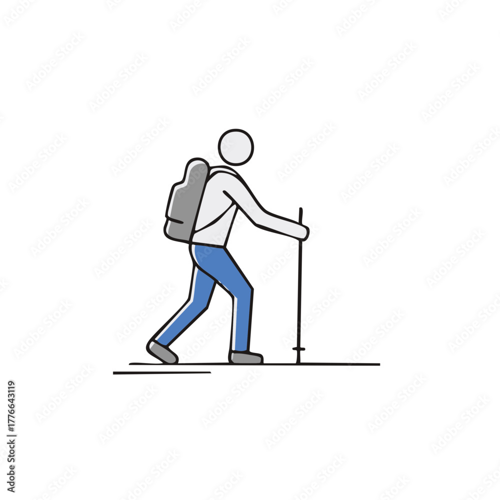 Obraz premium Stick Figure Person Trekking with Backpack and Hiking Poles Vector Illustration