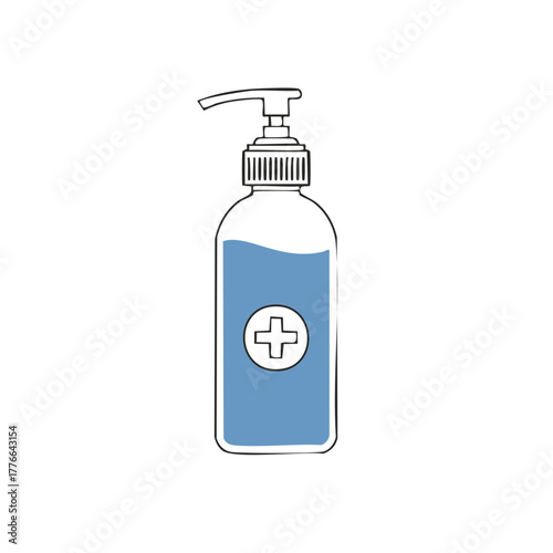 Sanitizer bottle with blue liquid, dispensing pump, health and hygiene product illustration