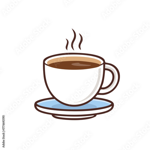 Simple cartoon illustration of a steaming hot cup of coffee on a saucer