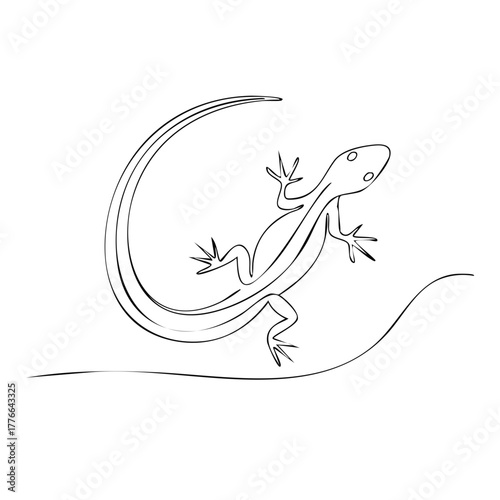 Lizard standing on a wave single continuous line art outline drawing vector illustration