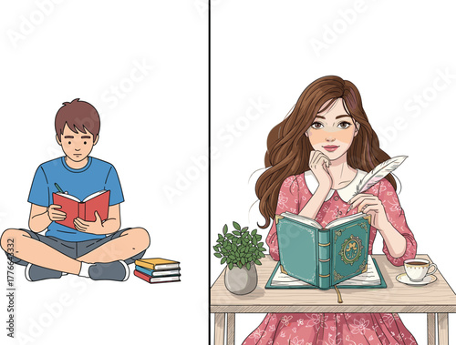 Boy reading books and woman writing with quill pen, creative learning and literature concept, education, study, imagination, artistic inspiration illustration