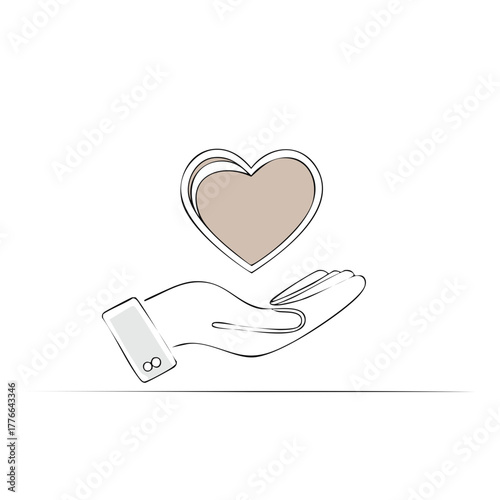 Elegant line art of a hand offering a heart, symbolizing giving, care, love, support, in a minimalist design