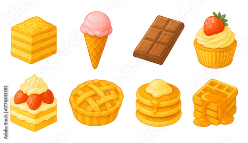Watercolor desserts vector set, sweet food color clipart collection, traced vector. Honey cake, ice cream cone, chocolate bar, cupcake, strawberry cake, apple cinnamon pie, thick pancakes and waffles