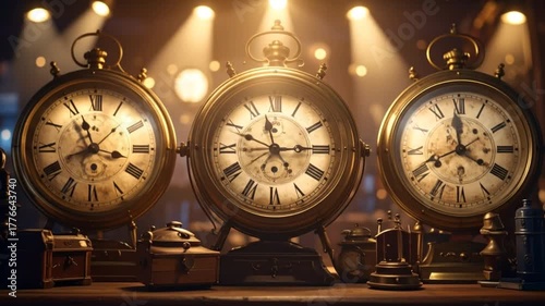 Three vintage clocks with Roman numerals sit on a wood surface, lit by spotlights. Other objects in shadows
