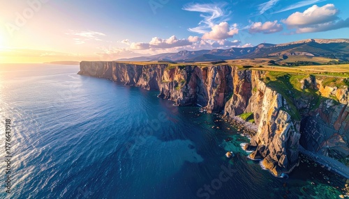 Dramatic Coastal Cliffside Sunset Over Azure Ocean Waters With Golden Sunlight Breaking Through Wispy Clouds Illuminating Rugged Rocky Terrain And Distant Mountain Range