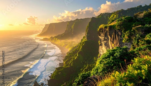 Dramatic Coastal Sunset Over Lush Green Cliffs and Ocean Waves With Golden Light Mist and Dramatic Clouds
