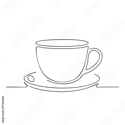 Elegant single line art drawing of a cup of tea or coffee on a saucer, graphic illustration