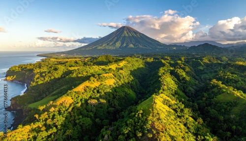 Drone Aerial View Of A Lush Green Volcanic Island Coastline During Golden Hour With Gentle Ocean Waves And Wispy Clouds