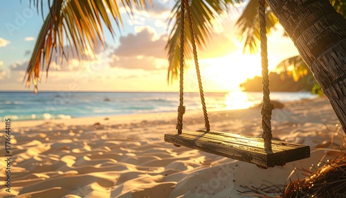 Empty swing set hanging from palm tree on sandy beach overlooking ocean during golden hour sunset with warm light and soft waves