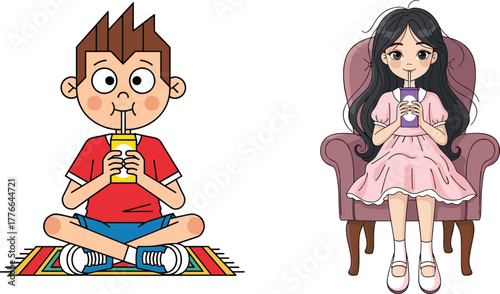 Cartoon children drinking juice boxes with straws, boy sitting on rug and girl on chair, fun lifestyle vector illustration