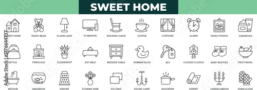 Sweet home elements line icon set. Aquarium fish, bathtub, bedside table, candelabrum icons collection.