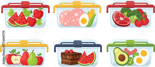 Healthy meal prep containers with fruits, vegetables, meat, and desserts, balanced diet lunch boxes, nutrition and food storage concept illustration