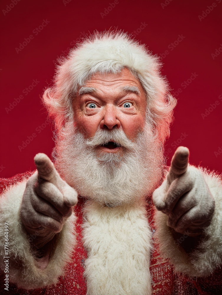 Obraz premium funny happy excited old bearded santa claus face wearing costume looking at camera showing pointing fingers aside advertising christmas promotion new year xmas discount ad isolated on red background 