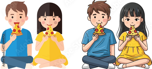 Cartoon children eating pizza together, cute boy and girl illustration, vector kids sitting cross legged sharing food, playful character design