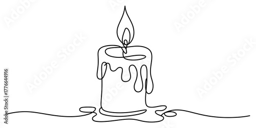 Continuous line art drawing of a burning candle with a flickering flame and melting wax, symbolizing hope, remembrance, celebration, and relaxation, simple vector illustration