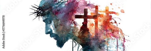 Artistic profile of jesus with crown of thorns and three crosses in watercolor style