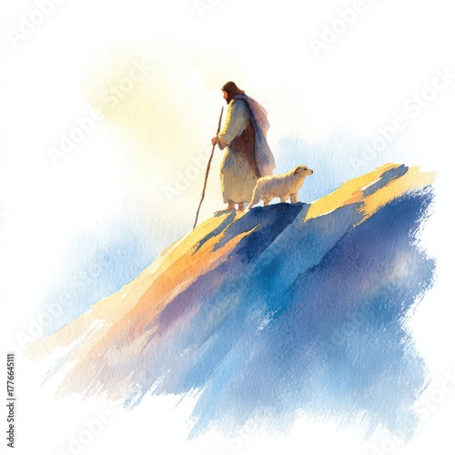 Tranquil scene of jesus walking on a mountain with a lamb in watercolor art
