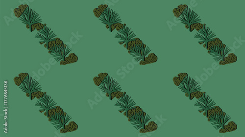 Pattern of stylized pine branches and cones on a green background in a repeating diagonal arrangement