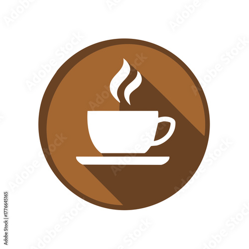 Coffee cup illustration on round brown badge, cup with steam and saucer graphic