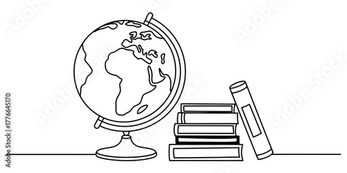 Line art illustration of a world globe on a stand with a neat stack of educational books and one upright volume, depicting global learning, geography, study, and academic knowledge.