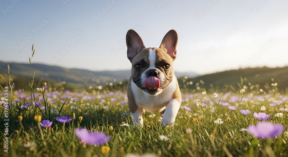 Fototapeta premium Happy french bulldog puppy running in a field of flowers at sunset